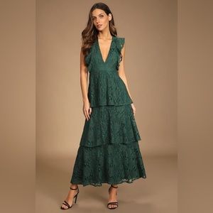 Lulu’s Molinetto Forest Green Lace Ruffled Tiered Sleeveless Maxi Dress